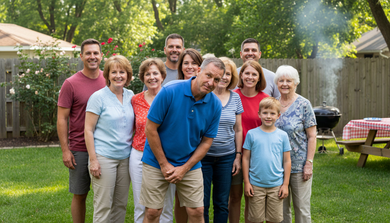 Man trying to hide in the back of a family photo